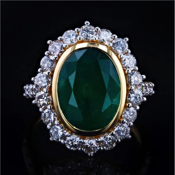 5.62 ctw Emerald and 1.77 ctw Diamond 18K Yellow Gold Ring