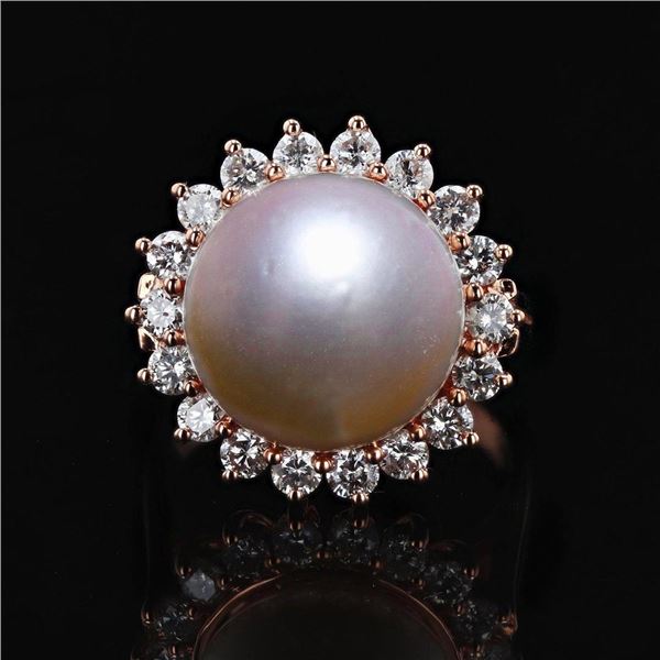 12.5mm White South Sea Pearl and 0.92 ctw Diamond 14K Rose Gold Ring