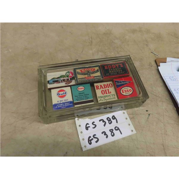 Glass Display with Gas Station Matches ; BA, Gulf, Radio Oil, Esso, Eddy's, Phillips 66