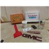 Image 1 : GMC Auto Emblem, Tire Advertising Glass, Mopar Windshield Scraper, Cigar Boxes, 