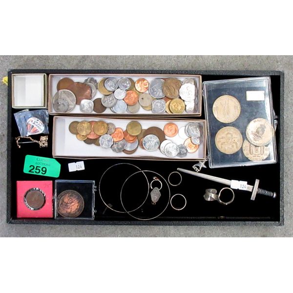 Tray of Tokens, World Coins, Jewelry and More