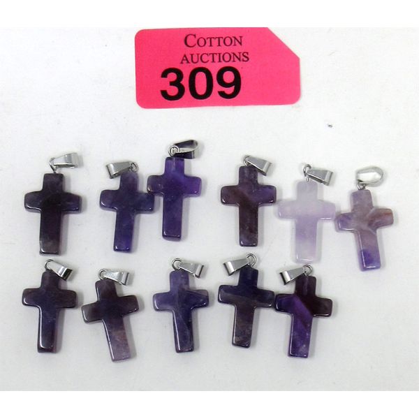 11 Polished Amethyst Cross Pendants