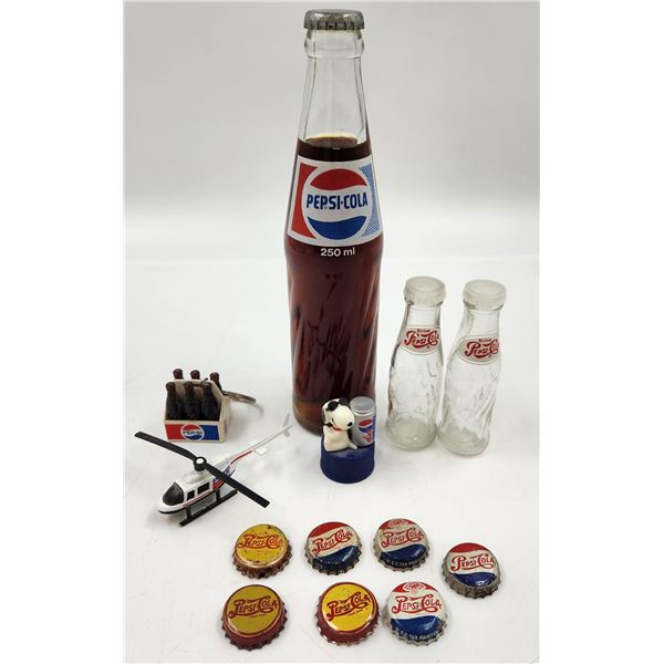 Vintage Pepsi Cola collectibles, Full Bottle, Salt & Pepper Shaker, & Toys