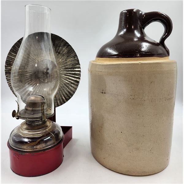 Antique Wall Hanging Oil Lamp and an Antique Crockery Jug