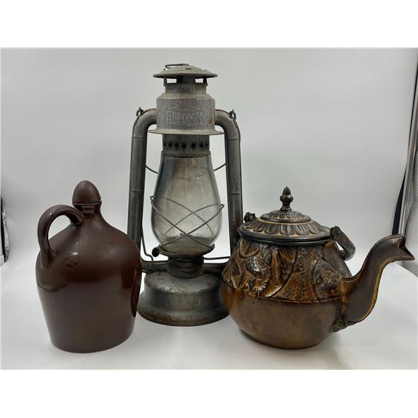 Antique Beacon Lantern 21" Tall, Embossed Tea Kettle, & Pottery Jug