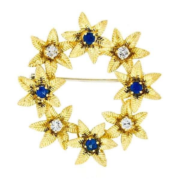 Vintage 18k Gold 1.19 ctw Brilliant Sapphire & Diamond Etched Flower Wreath Broo