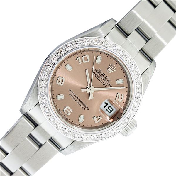 Rolex Ladies Quickset Salmon Arabic Diamond Datejust Wristwatch 26MM