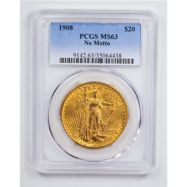 1908 $20 No Motto Double Eagle Gold Coin PCGS MS63