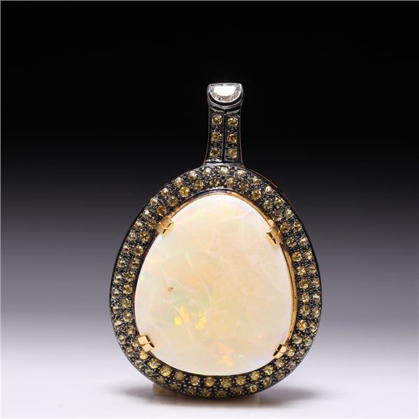 18K Yellow Gold Diamond Yellow Sapphire & Large Coober Pedy Opal Pendant by Carl