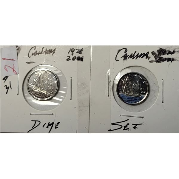 9) LOT OF 2 CANADIAN DIMES, ONE WITH COLORIZED WA