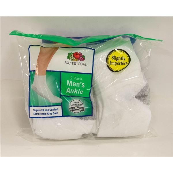 WHITE ANKLE SOCKS 6-12 SIZE 6-PACK FRUIT OF