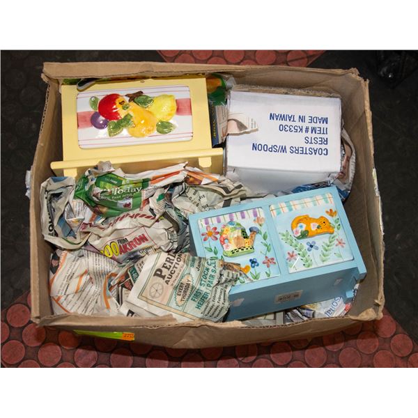 BOX OF COASTERS AND KITCHEN DECORATIVE ITEMS