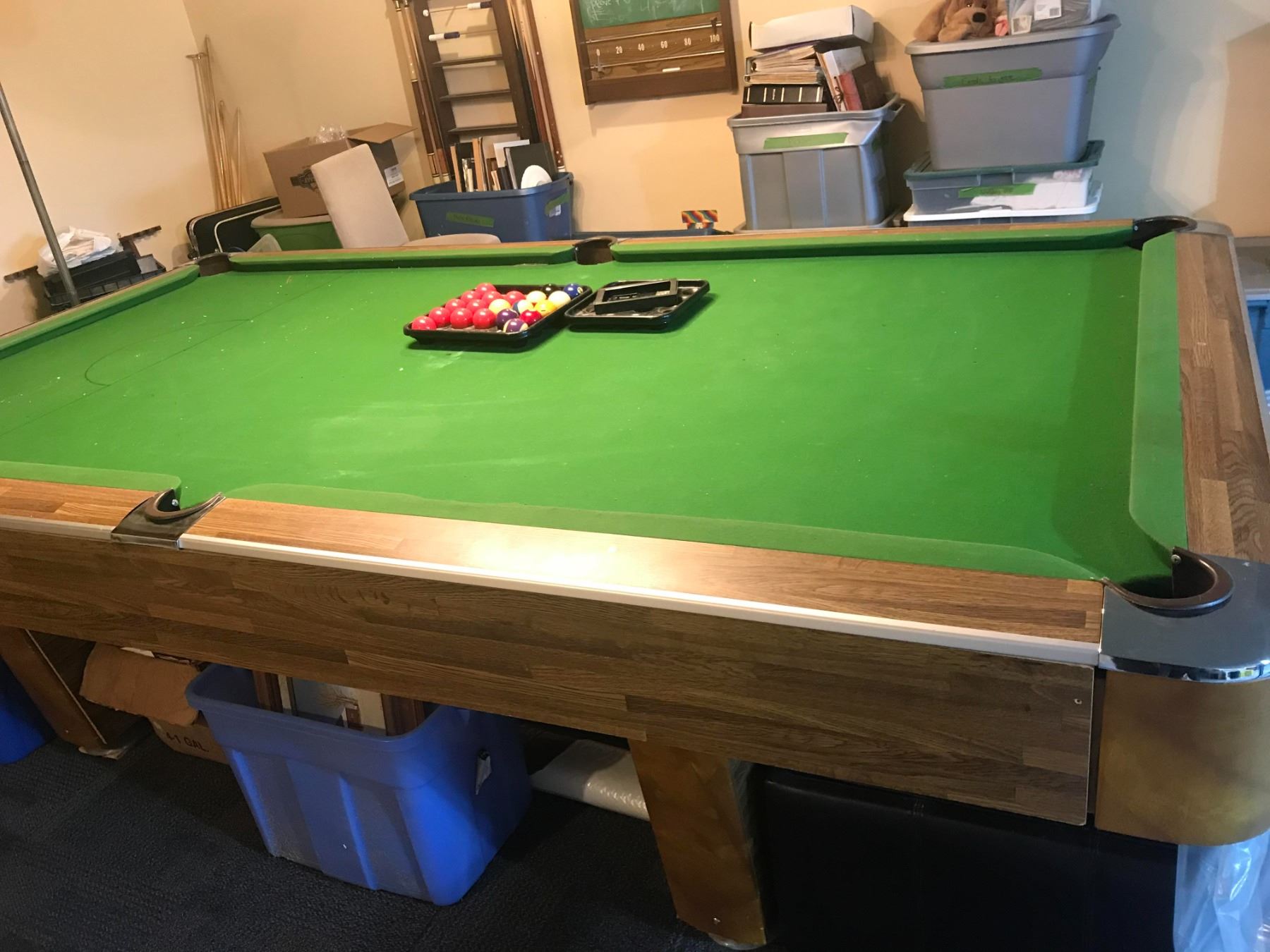 UNASSEMBLED LARGE POOL TABLE WITH BALLS, CUES, ETC