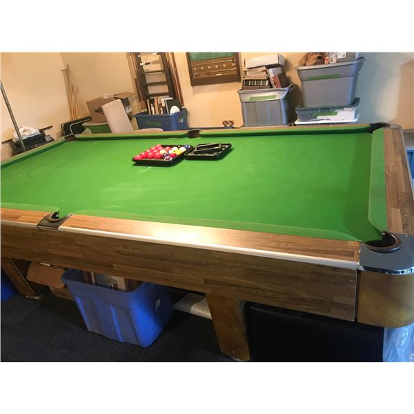 UNASSEMBLED LARGE POOL TABLE WITH BALLS, CUES, ETC