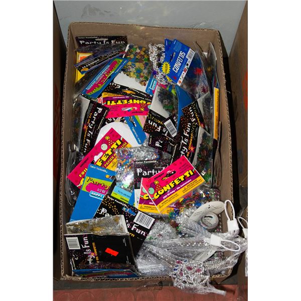 BOX OF PARTY ITEMS AND GLITER