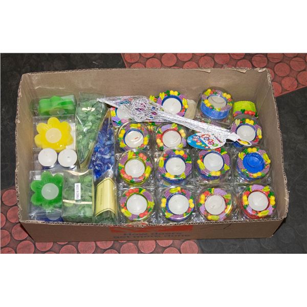 BOX OF CANDLES AND HOLDERS