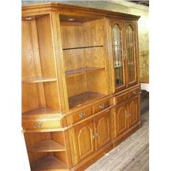 4-piece oak bookcase/China Hutch with leaded and beveled glass and mirrored back (92)