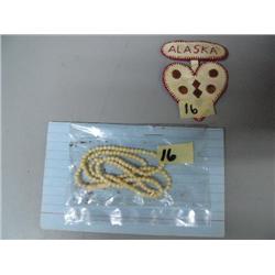 Small Ivory Bead Necklace and Pin made of Sealskin, embroidered with heart and Alaska from around 19