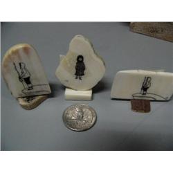 3 Scrimshawed Ivory Platchets,  two are hunters on an ice flow, and one is woman in parka by Carson 