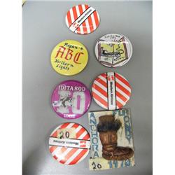 Three Western Airline Pins, 1982 Iditarod pin and 1992 Iditarod Pin and a 1978 Anchorage Fur Rondy P