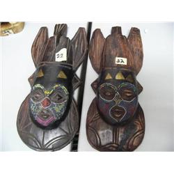 Pair of 13" African Wood masks with Beads and Brass, Old (2)