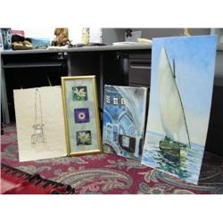 Framed Floral Print and an Original Oil Painting of Church Interior, Original Drawing of a Greek Fes