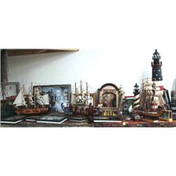 Collection of nautical decorations: includes- 3 sailing ships, 5 lighthouses, 4 small glass encased 