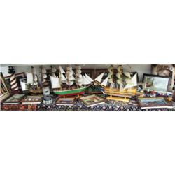 3 model sailing ships, 3 lighthouses, 18 framed decorative items, 5 glass encased ships (8888)