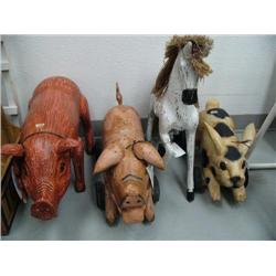 2 carved wood pigs, carved wood horse, carved wood rabbit (1)