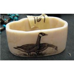 Scrimshawed ivory napkin ring by Peter Mayac- has been repaired (74)