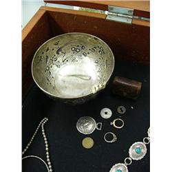 Lot of: Old Chinese silver bowl; miniature Webster's Dictionary; diamond ring in gold about 0.25 car