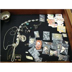 Lot of: turquoise Navajo belt; Navajo silver earrings; Navajo silver rings; corral beads; small ivor