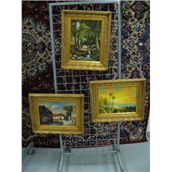 Lot of 3 original oil paintings, signed: Dutch street scene; waterfall; sunset at the beach (8888)