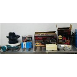 Lot of: new and in box Sears Router; Sears plate joiner; elevator tri-clamp; dial gauge; Makita fini