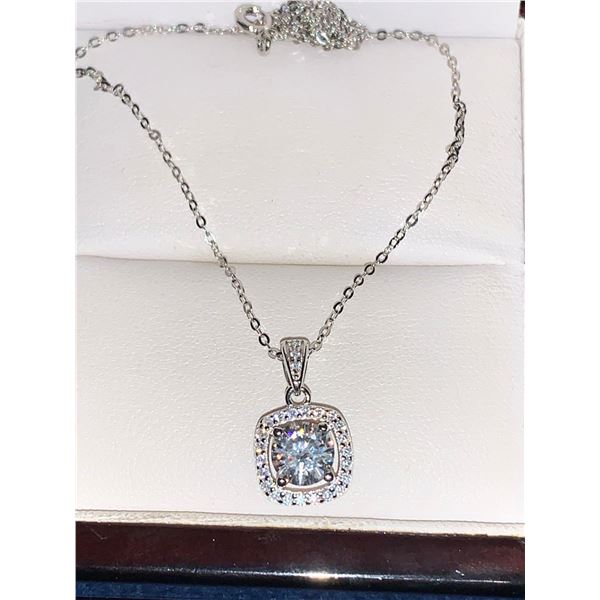 Silver Moissanite Halo Necklace .925 silver 1.0 Carat Vs2 Solitaire with Chain with Appraisal Certif