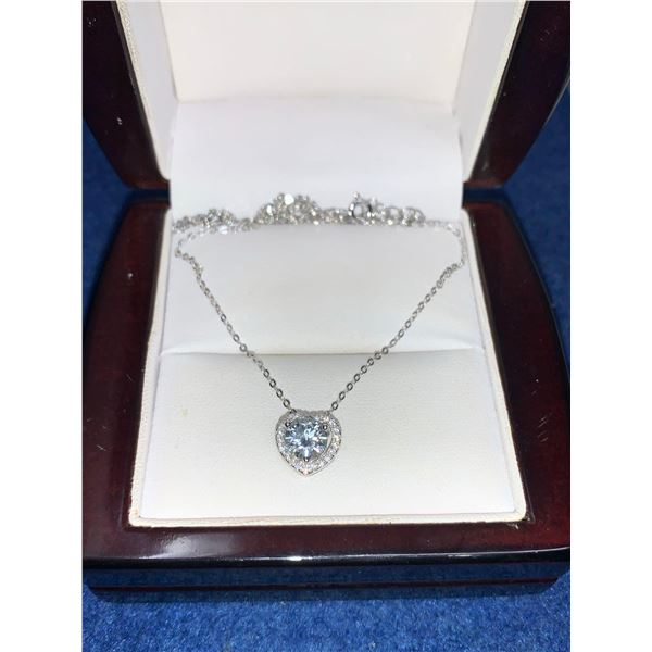 Ladies .925 Silver Heart Shaped Blue Moissanite Pendant 7 Chain Set with gem report