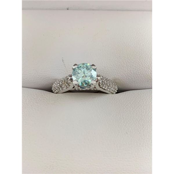 ONE ROUND CUT MOISSANITE APPROX. WEIGHT OF 1.45 CARATS WITH 84 SHARED PRONG CUBIC ZIRCONIUM APPROX. 