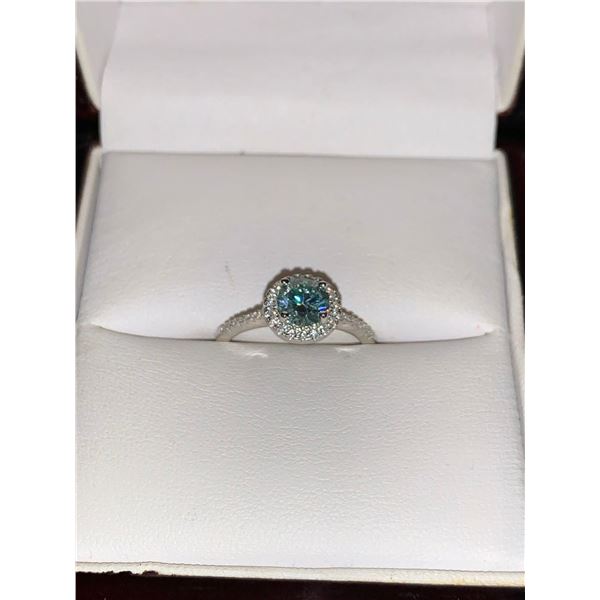 GRA CERTIFIED MOISSANITE VVS LIGHT BLUE IN COLOR WEIGHING APPROX. 1.00 CARAT WITH A HALO SURROUNDING