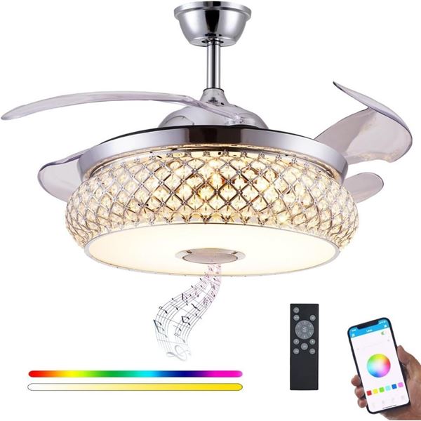 DFL 48" Ceiling Fan with Light, Fandelier, Invisible Ceiling Fan Chandelier with Music Speaker RGB C