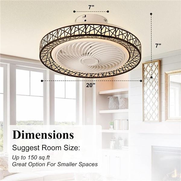 ZSAGKJ Bladeless Ceiling Fan with Lights Remote Control 20” Low Profile Flush Mount Ceiling Fan Encl