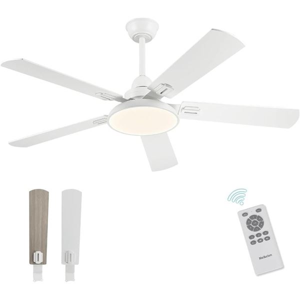 Melkelen White Ceiling Fan, 52 Inch Ceiling Fans with Lights and Remote, Modern Outdoor Fan with Lig