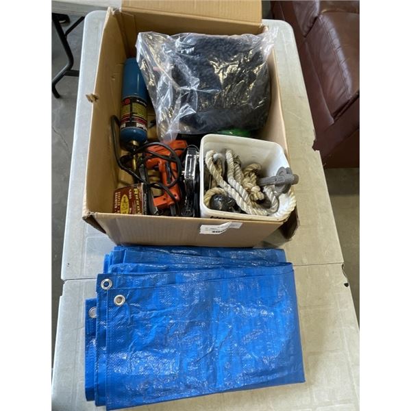 TRAY OF SHOP TOOLS, ITEMS INLCUDING TIRE CHAINS,  TARP, ROPE AND PULLEY, ELECTRIC STAPLER, TORCH ETC