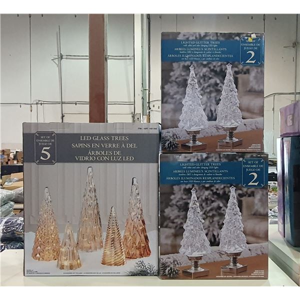 Glass Led Tree Set Group of 4 Sets of lighted glitter trees & LED glass trees