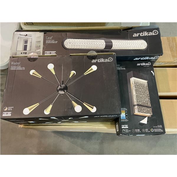 Group of Artika Skyler LED wall light, Carat LED vanity light, Wayden LED pendant light (store retur