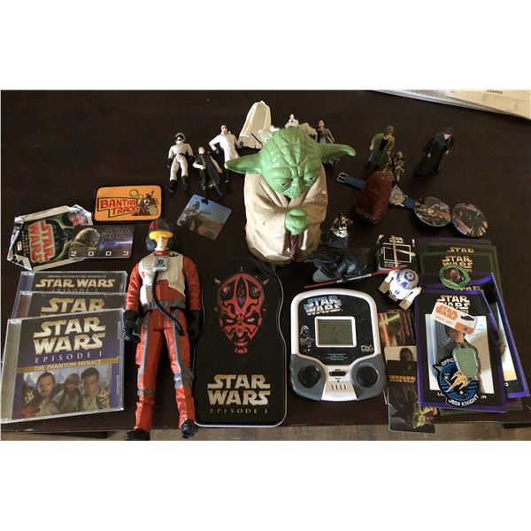 Box of miscellaneous Star Wars CD's, patches, cards, figures & collectibles