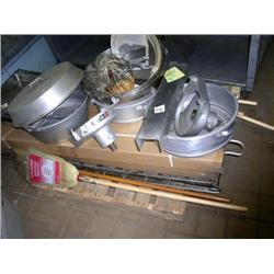 Pallet of Brooms and attachments, stainless steel pans and lids