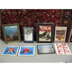 Lot of 8 framed prints: castle in ornate wooden frame; single matted print of Puccini's Tosca- Ancho