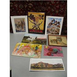 Lot of 4 original oil paintings and 4 shrink wrapped prints: originals of- fruit bowl; tiger; park s