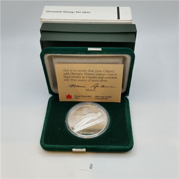 1988 Calgary Olympic Proof Coin 1 Troy Ounce Silver - Downhill Skiing