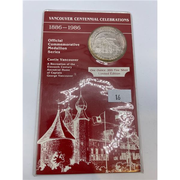 1oz Fine Silver 1886-1986 Vancouver Centennial Celebrations Official Commemorative Medallion